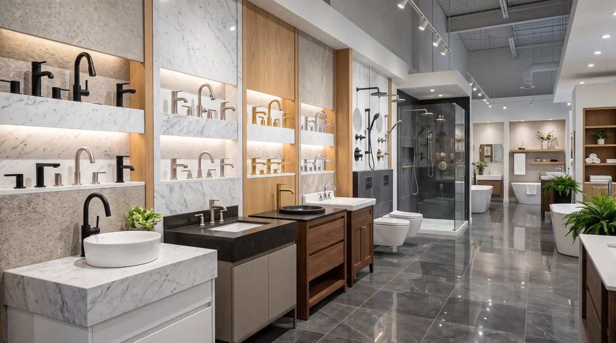 Luxury Canadian bathroom showroom displaying premium plumbing fixture brands with modern faucets, sinks, and bathroom accessories.