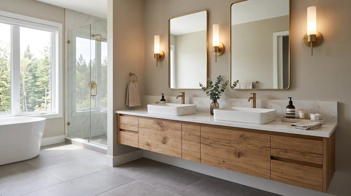 Modern double-sink bathroom vanity in a Canadian master bathroom featuring dual sinks, quartz countertop, large mirrors, and contemporary design under $2,000 budget.