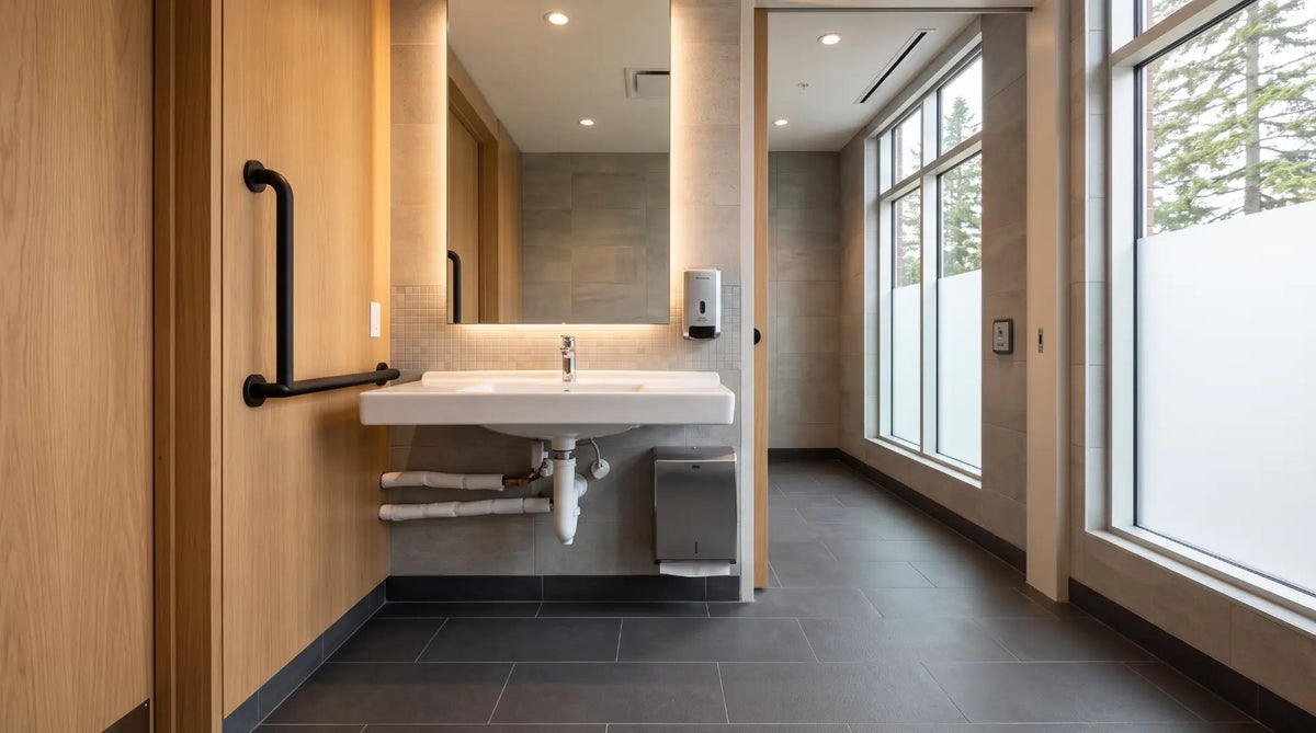 Modern accessible wall-mounted white ceramic sink with open knee space below and a sleek single-lever chrome faucet in a clean Canadian bathroom.