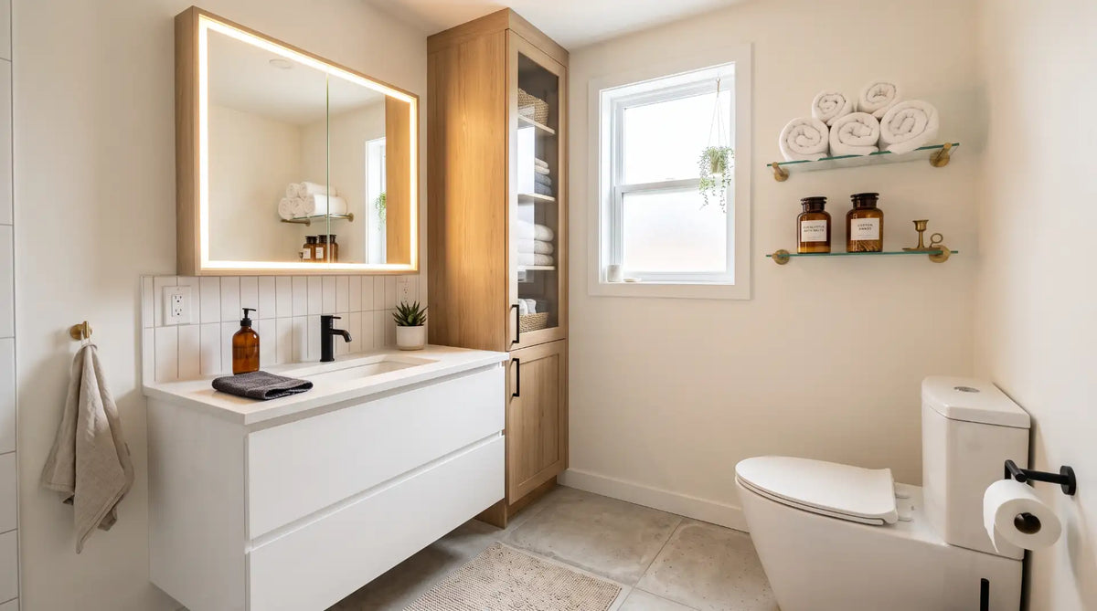 Modern small Canadian bathroom featuring a recessed lighted medicine cabinet, narrow wooden linen tower, and wall-mounted floating shelves for space-saving organization.