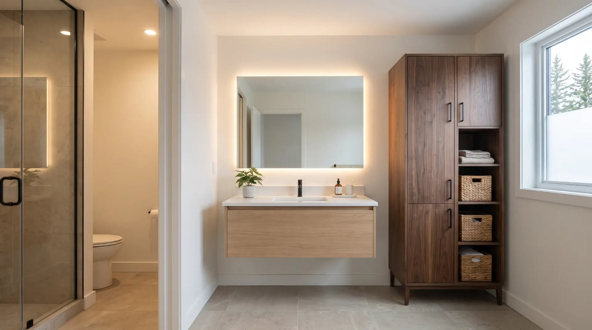 Clean, bright rental bathroom showcasing a tall freestanding black walnut linen tower offering maximum storage with zero wall drilling.