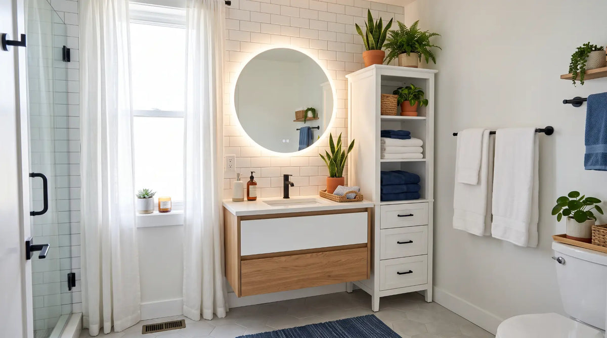 Modern renter-friendly apartment bathroom makeover featuring a plug-in LED mirror and freestanding storage cabinet.