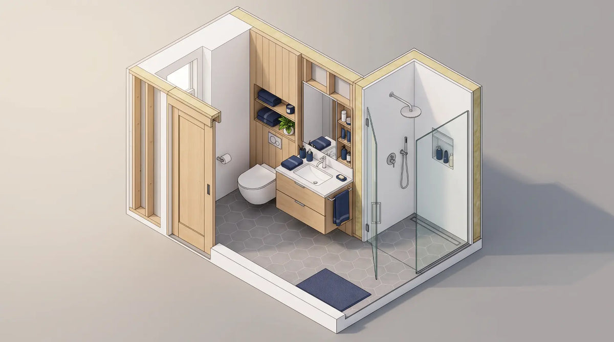 3D isometric rendering of a small bathroom layout featuring a pocket door, floating vanity, wall-mounted toilet, recessed cabinet, and curbless walk-in shower.