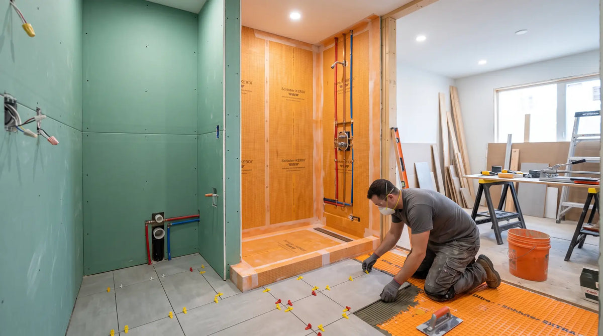 Step-by-step bathroom renovation order of work showing waterproofing membrane, plumbing rough-in, and floor tile installation in progress.