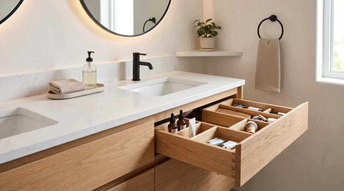 Impeccably organized modern bathroom vanity showcasing neat drawer dividers, sorted skincare products, and a clean minimalist countertop in a bright Canadian bathroom.