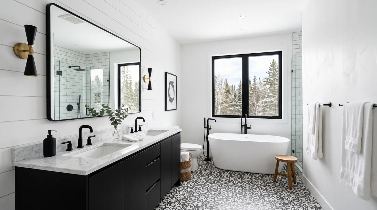 Modern white bathroom design featuring a black vanity, matte black fixtures, and clean, high-contrast monochrome decor.