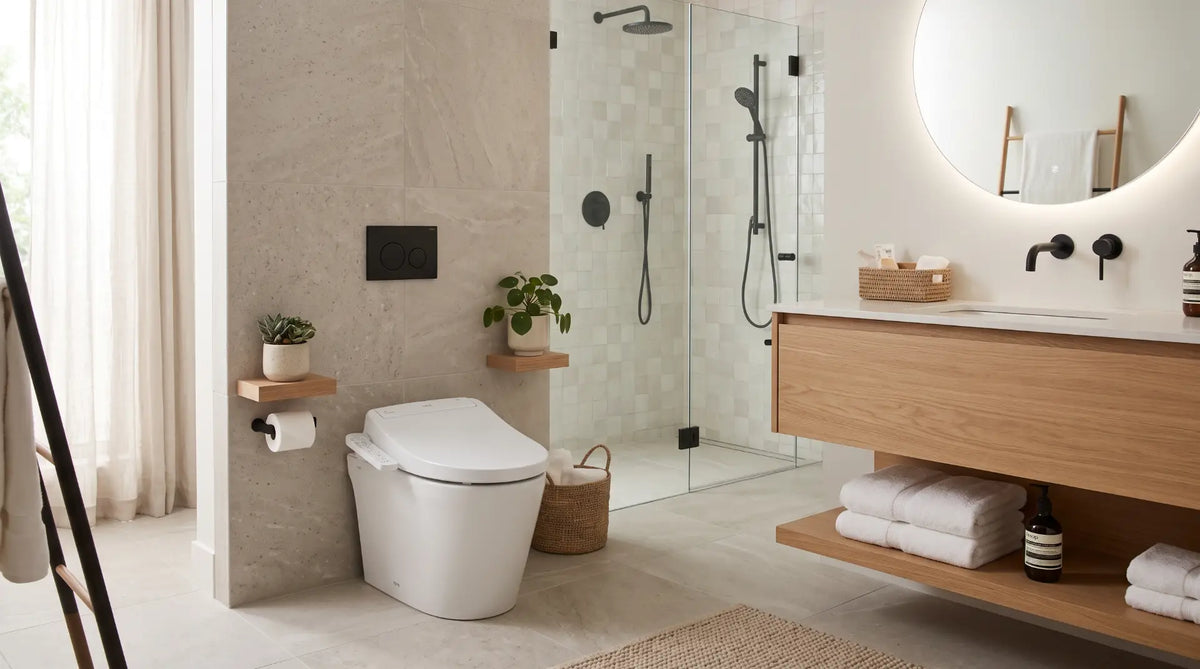 Modern Canadian bathroom featuring a premium electronic bidet toilet seat installed on a elongated toilet bowl.