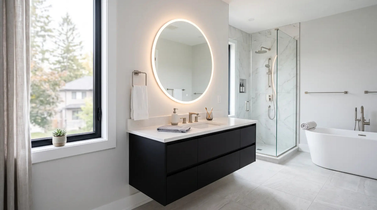 Modern Canadian ensuite bathroom featuring a matte-black floating vanity, white quartz countertop, and integrated LED mirror.