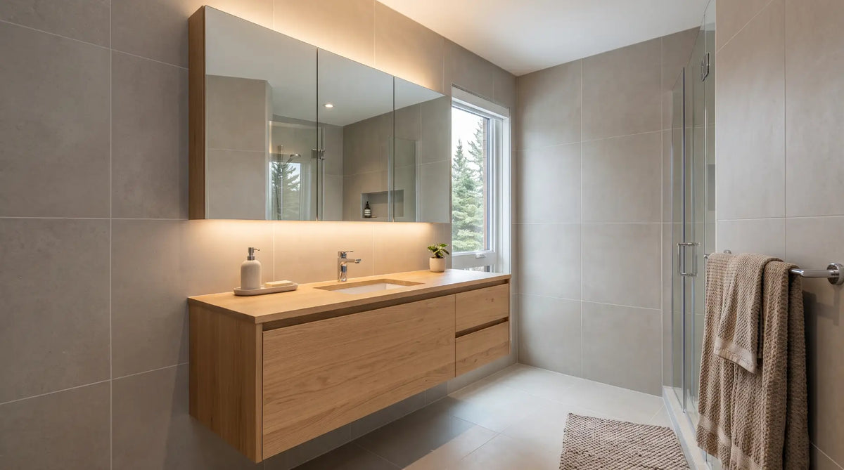 Sleek, modern mirrored medicine cabinet mounted above a contemporary floating vanity in a clean, bright Canadian bathroom.