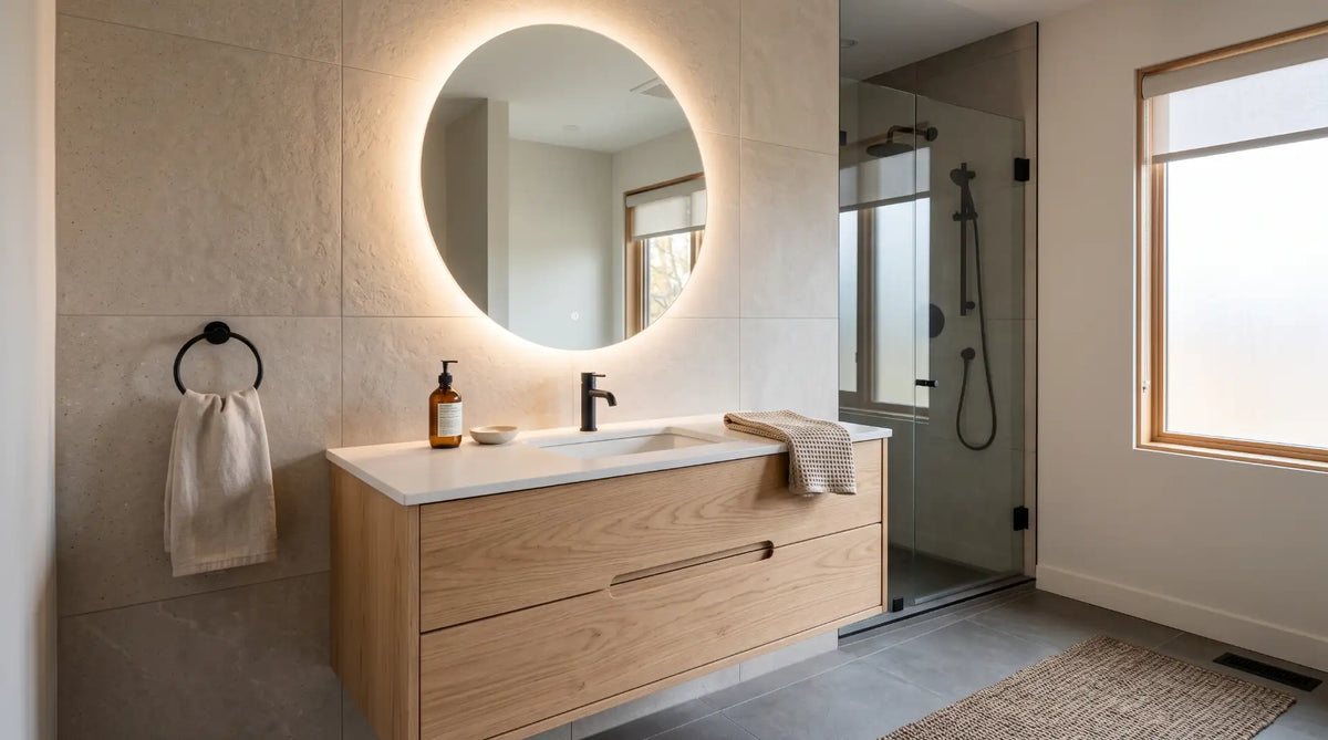 A stylish 36-inch single sink bathroom vanity with a quartz countertop and LED mirror in a modern Canadian bathroom.