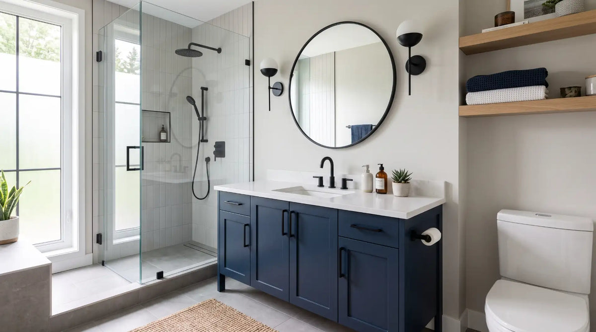 Modern two-tone bathroom design featuring a navy blue vanity cabinet with a white countertop, neutral wall colour, and matte black hardware.
