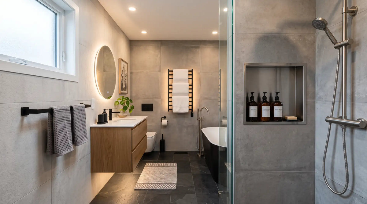 Coordinated matte black and brushed nickel bathroom hardware accessories including towel bars and a shower niche in a modern Canadian bathroom.