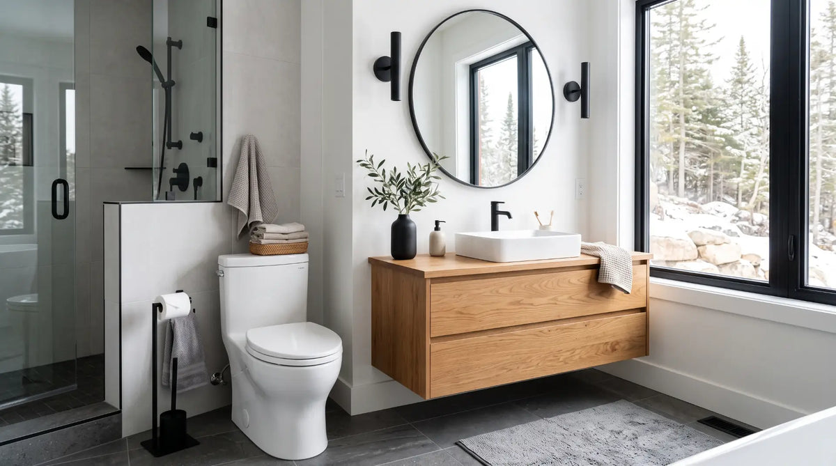 Modern Canadian bathroom interior featuring a comfort height toilet and contemporary matte black fixtures.
