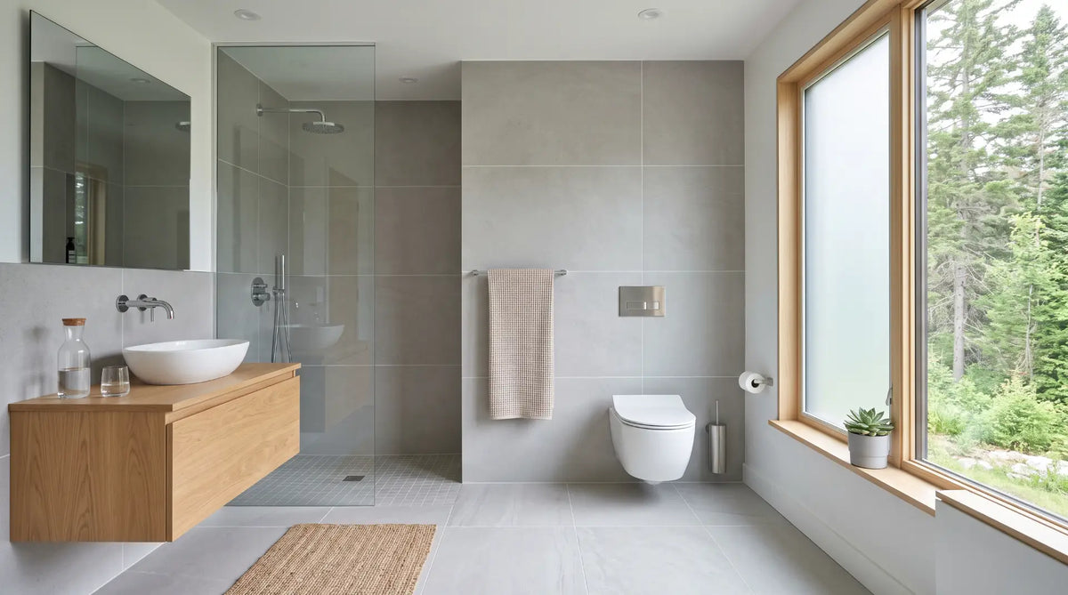 Modern minimalist Canadian bathroom featuring a floating wall-mount toilet with a concealed in-wall tank and flush plate.