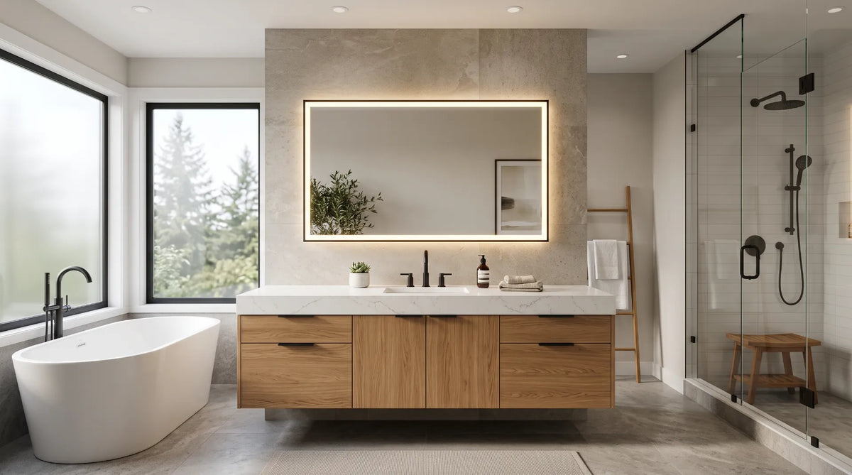 Modern bathroom vanity with quartz countertop and floating wood cabinet in a luxury Canadian bathroom renovation project.