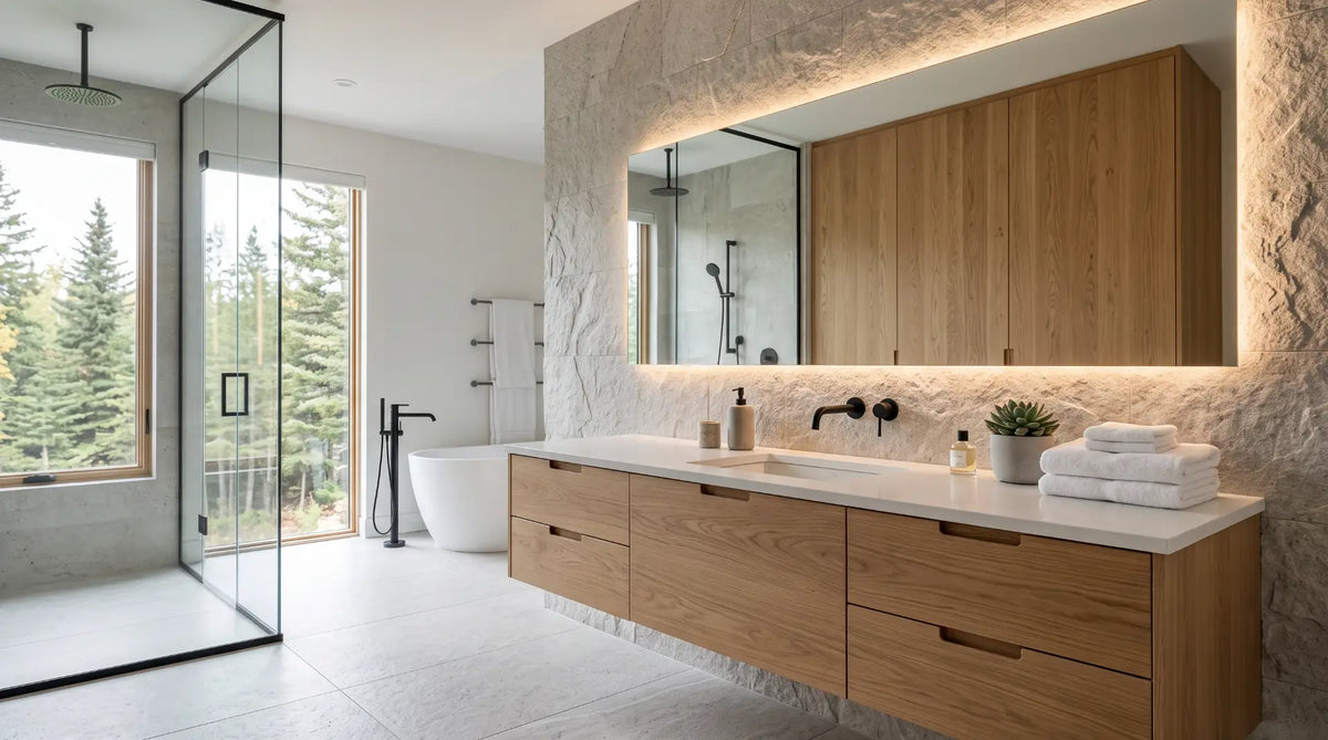 Modern floating bathroom vanity with quartz countertop and backlit mirror in a contemporary Canadian bathroom design.