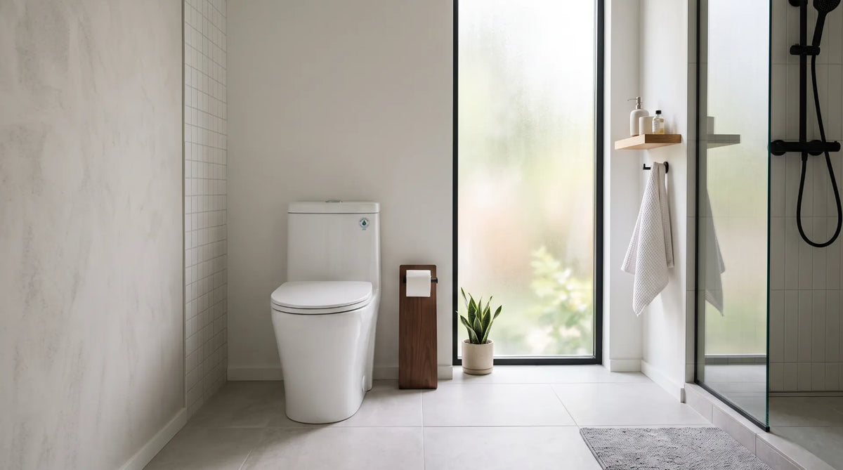 Sleek, modern white dual-flush WaterSense-certified toilet installed in a minimalist Canadian bathroom.