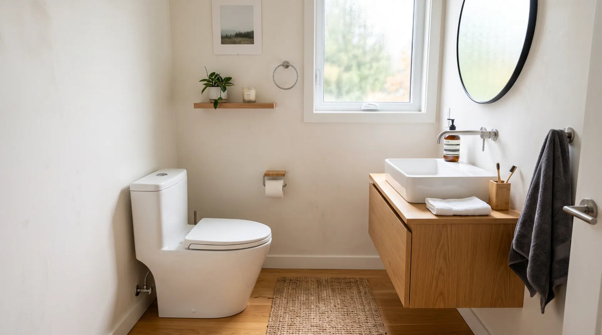 Modern one-piece toilet with a seamless tank and bowl design installed in a small, contemporary Canadian bathroom.
