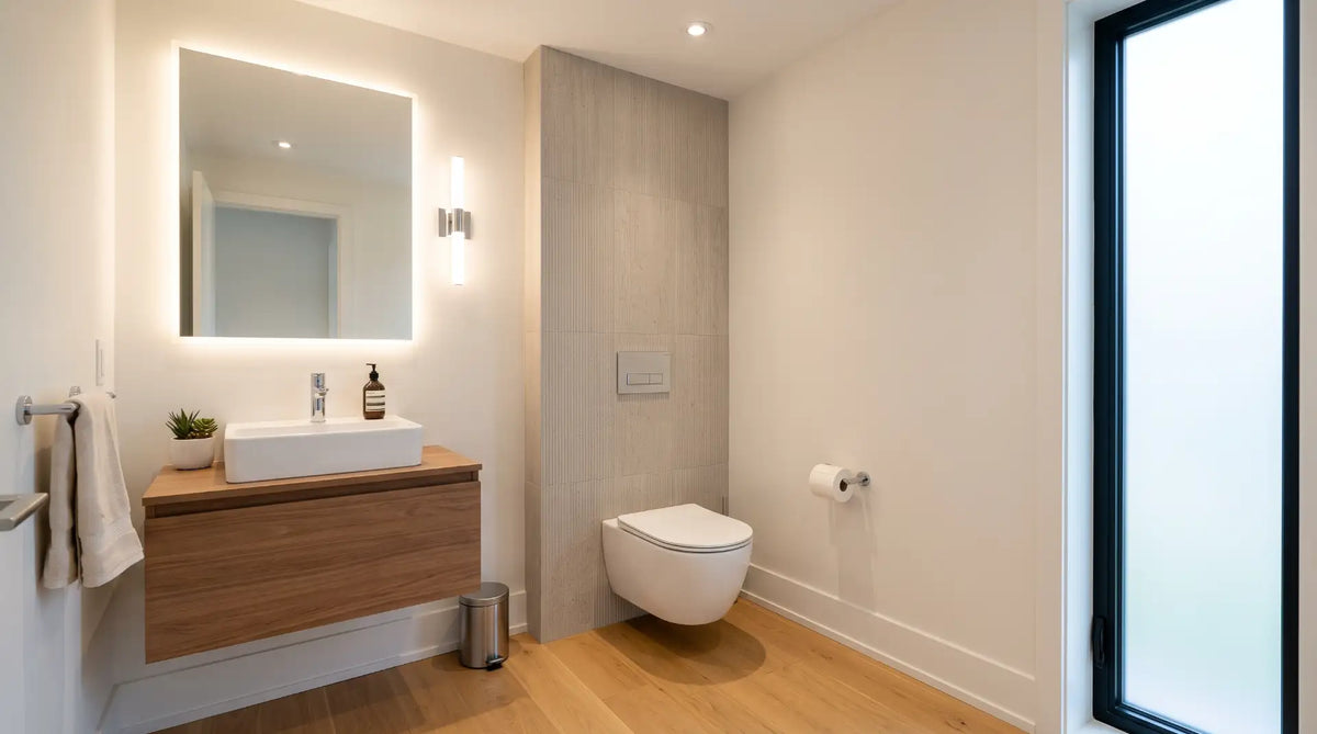 Modern compact white toilet installed in a small, stylish Canadian powder room with neutral tiling and sleek chrome fixtures.