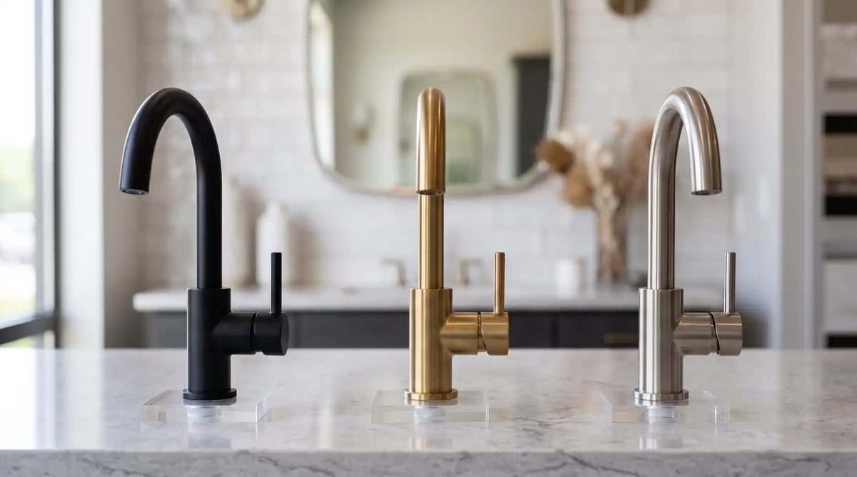 bathroom showcasing premium bathroom faucets in matte black, brushed gold, and brushed nickel finishes on a modern vanity