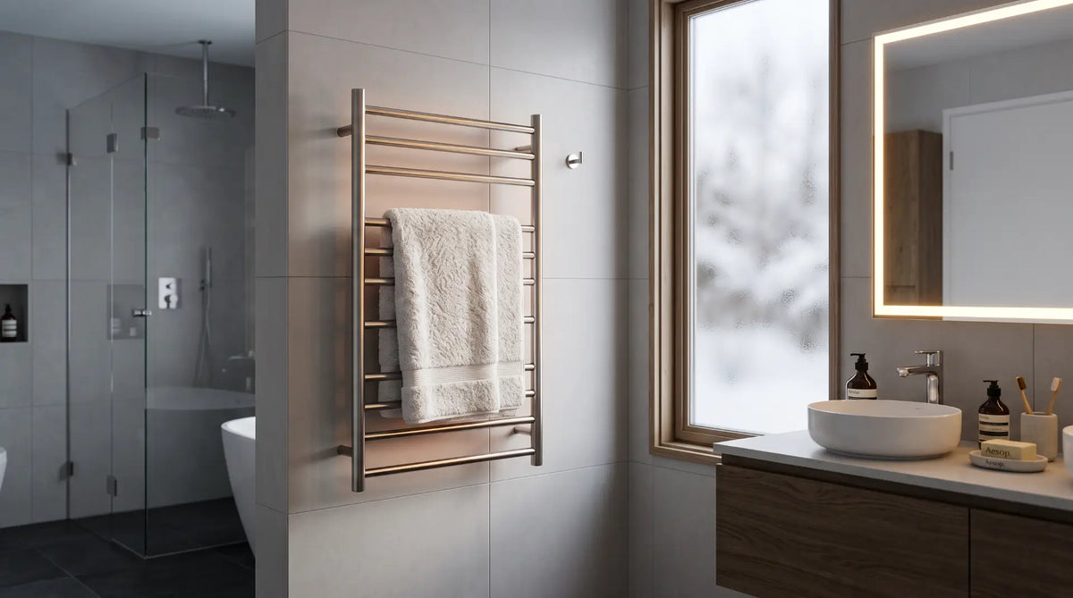 A wall-mounted chrome heated towel rack holding a folded white bath towel in a modern Canadian bathroom.