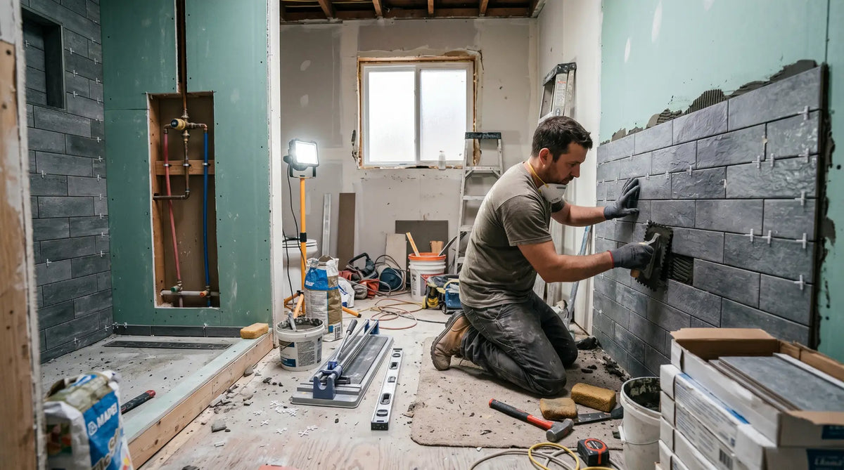 modern bathroom under construction, tiles being installed, tools and materials visible