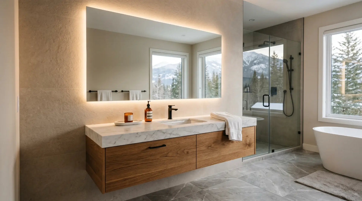 luxury modern Canadian bathroom interior with a floating wood vanity and large perfectly proportioned bathroom mirror