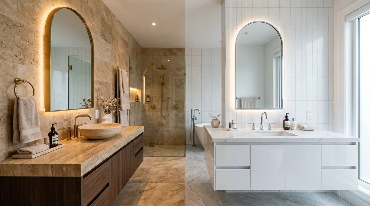 luxury modern bathroom interior with brushed gold faucet and chrome bathroom fixtures comparison