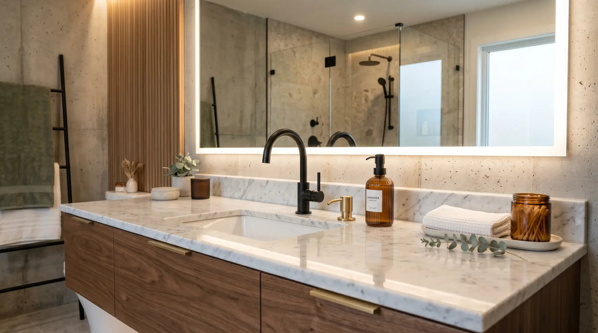 luxury modern bathroom vanity with elegant built-in soap dispenser beside a matte black faucet and a stylish countertop soap dispenser comparison setup