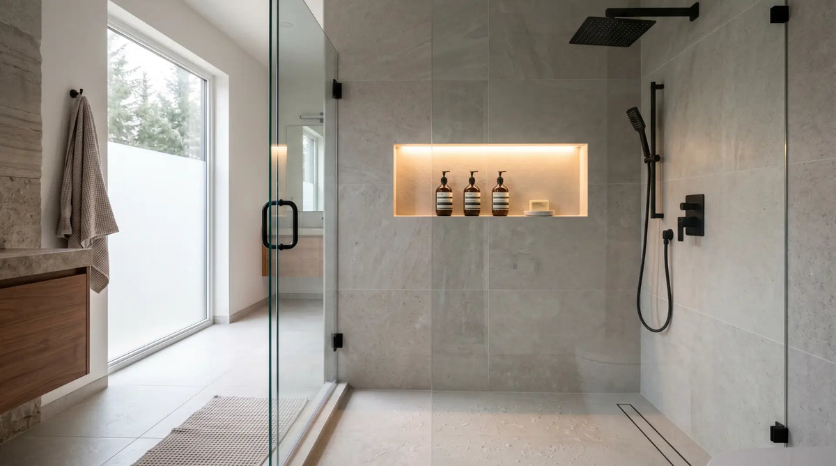 luxury modern walk-in shower with beautifully designed recessed shower niche, warm LED niche lighting, large format porcelain tiles, shampoo bottles neatly arranged inside the niche, matte black shower fixtures, minimalist spa-inspired Canadian bathroom