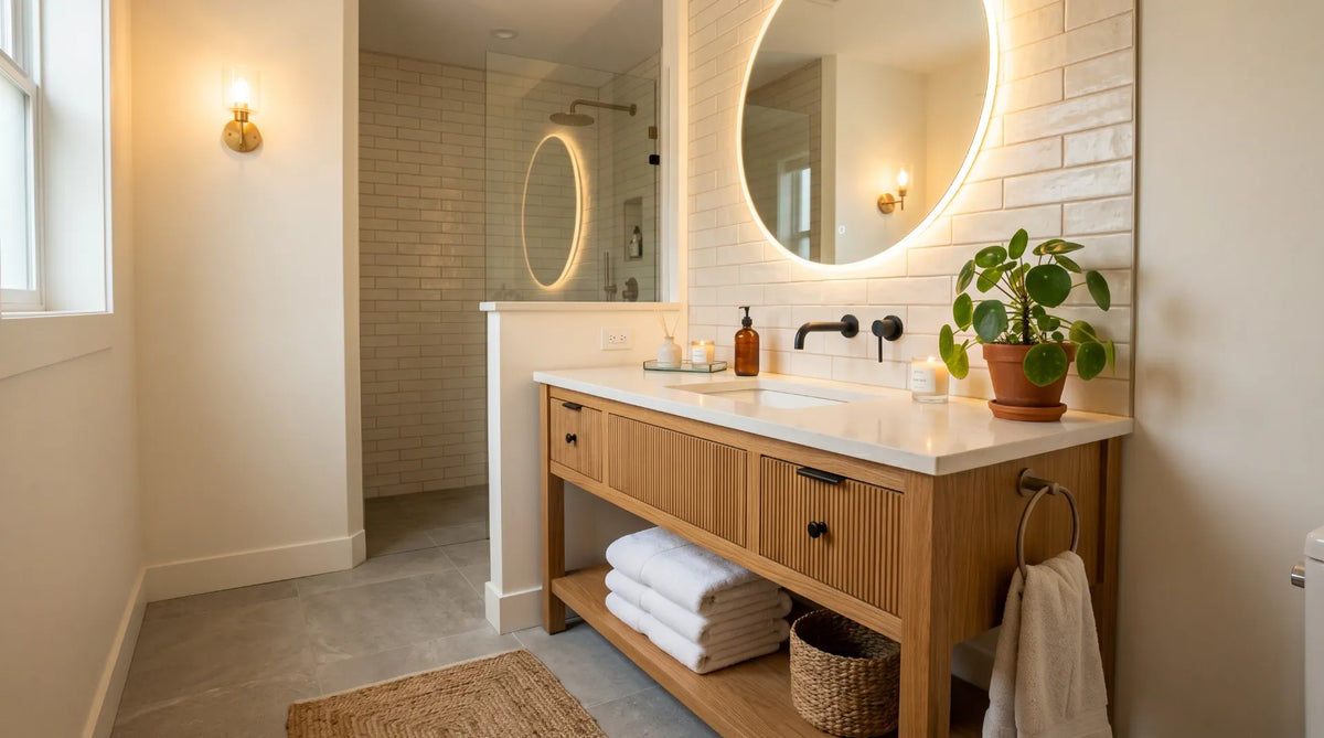modern guest bathroom interior, stylish vanity with mirror lighting, folded white towels, plant decor, warm lighting, clean luxury bathroom, realistic photography, no text