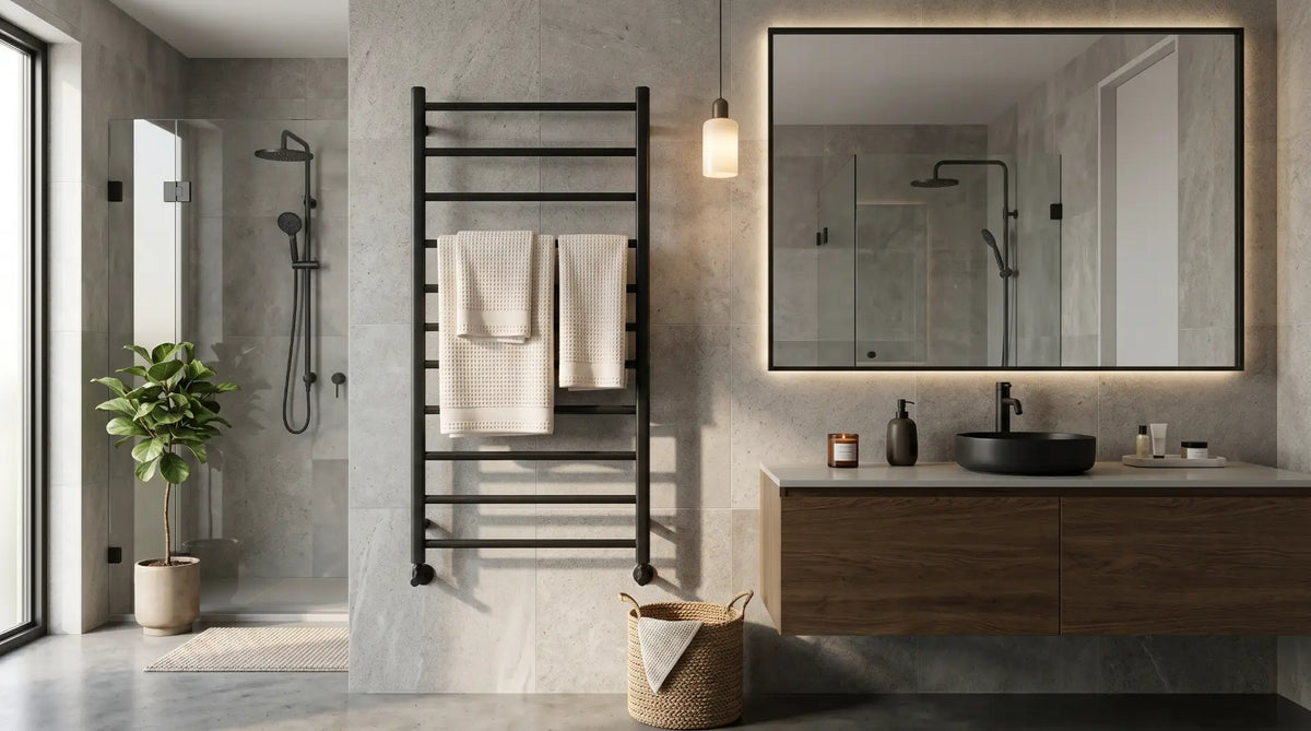 modern luxury bathroom with wall mounted ladder towel warmer glowing softly, warm folded towels on rail