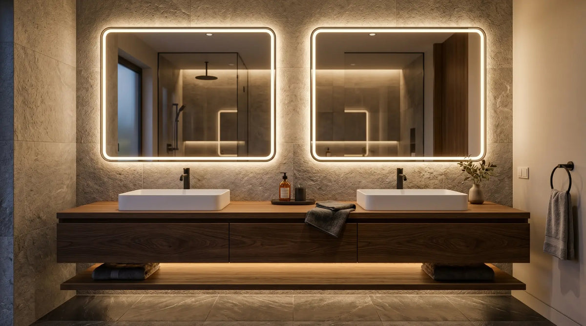 Modern luxury bathroom vanity with LED mirror glowing softly, combination of backlit and front-lit mirror, clean sink and wood vanity