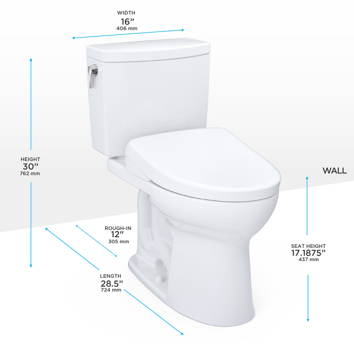 TOTO Washlet+ Drake II 1G Two Piece Elongated 1.0 GPF Toilet with Auto Flush Washlet+ S7A Contemporary Bidet Seat