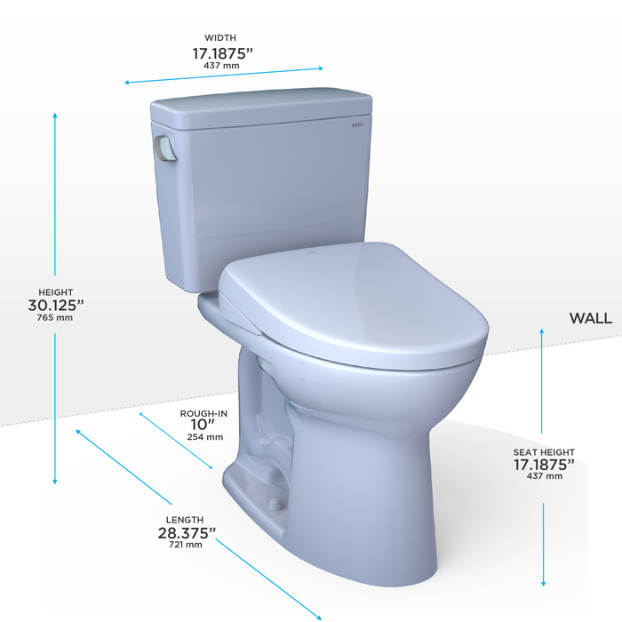 TOTO Drake Washlet+ Two Piece Elongated 1.6 GPF Universal Height Tornado Flush Toilet and S7A Contemporary Bidet Seat with Auto Flush - 10" Rough In
