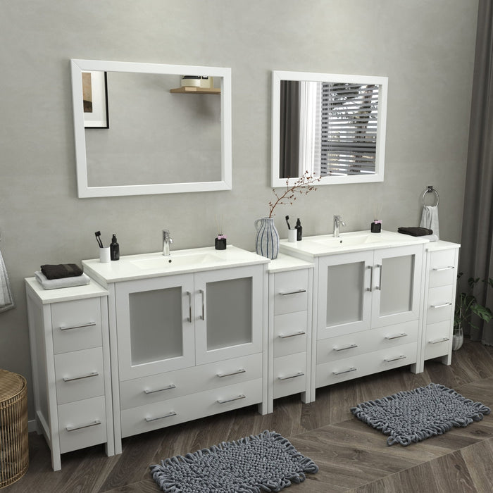 London 108" Double Sink Bathroom Vanity Set with Sink and Mirrors - 3 Side Cabinets