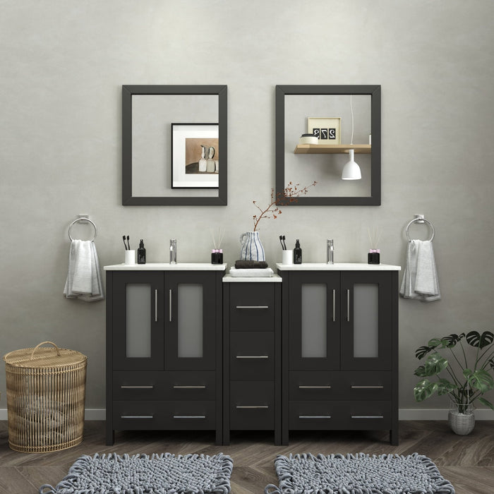 Vanity Art London 60" Double Sink Bathroom Vanity Set with Sink and Mirrors (Ceramic Top) - 1 Side Cabinet