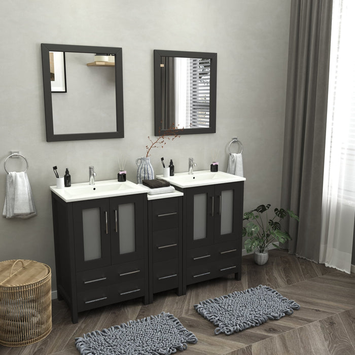 Vanity Art London 60" Double Sink Bathroom Vanity Set with Sink and Mirrors (Ceramic Top) - 1 Side Cabinet