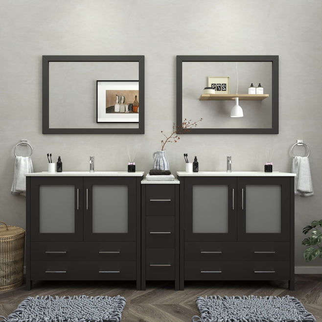 London 84" Single Sink Bathroom Vanity Set with Sink and Mirrors - 1 Side Cabinet