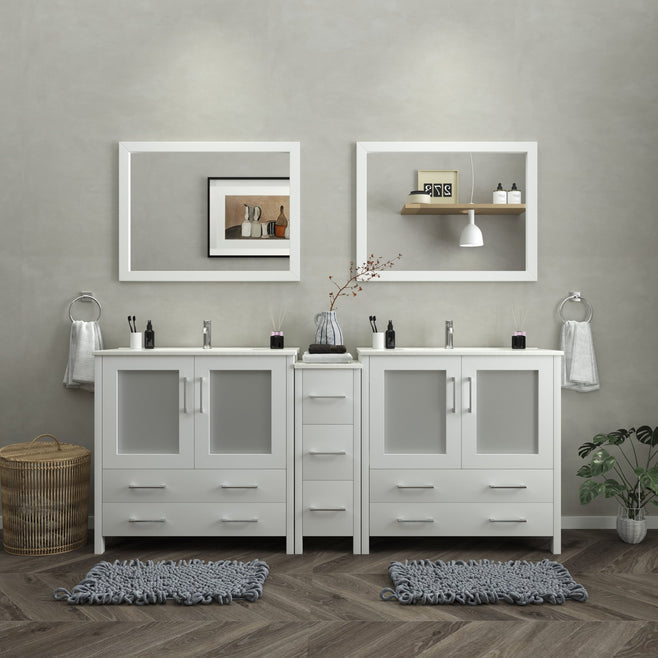 London 84" Single Sink Bathroom Vanity Set with Sink and Mirrors - 1 Side Cabinet