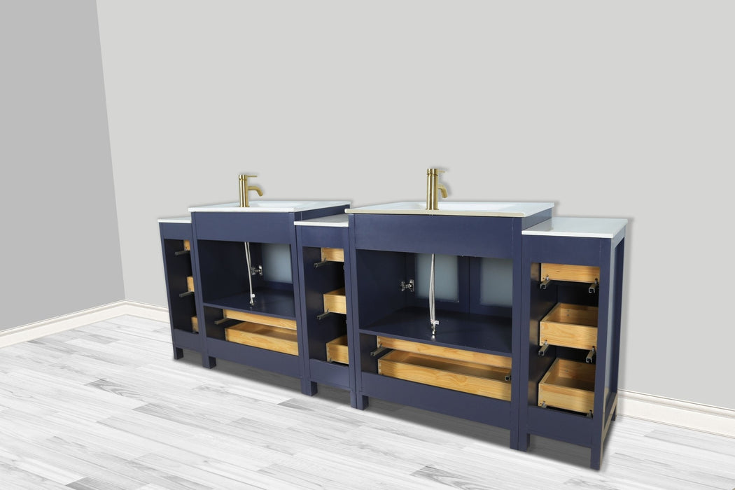 London 96" Double Sink Bathroom Vanity Set with Sink and Mirrors - 3 Side Cabinets