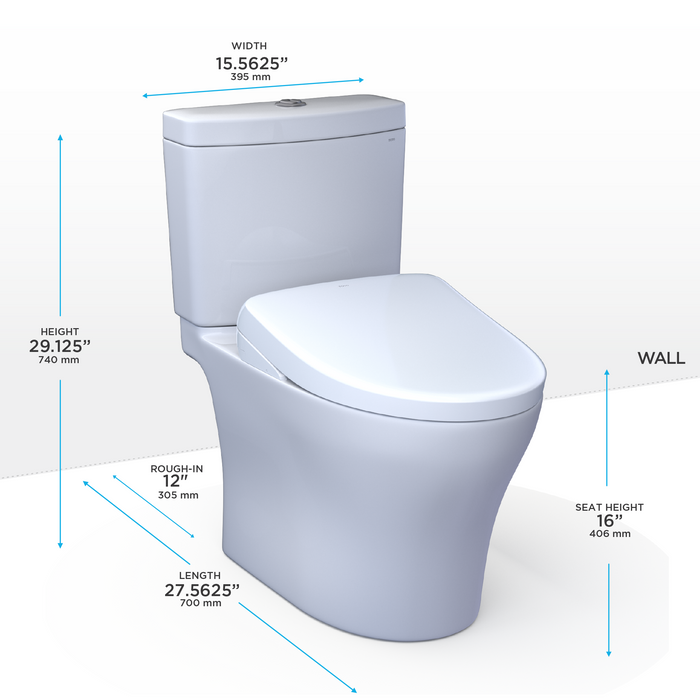 TOTO Washlet+ Aquia IV Two Piece Elongated Dual Flush 1.28 and 0.9 GPF Toilet and with Auto Flush S7A Contemporary Bidet Seat