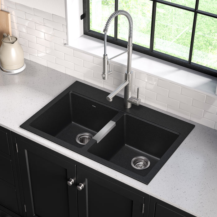 Kraus 33" x 22" Dual Mount 50/50 Double Bowl Granite Kitchen Sink w/ Top-Mount and Under-Mount Installation