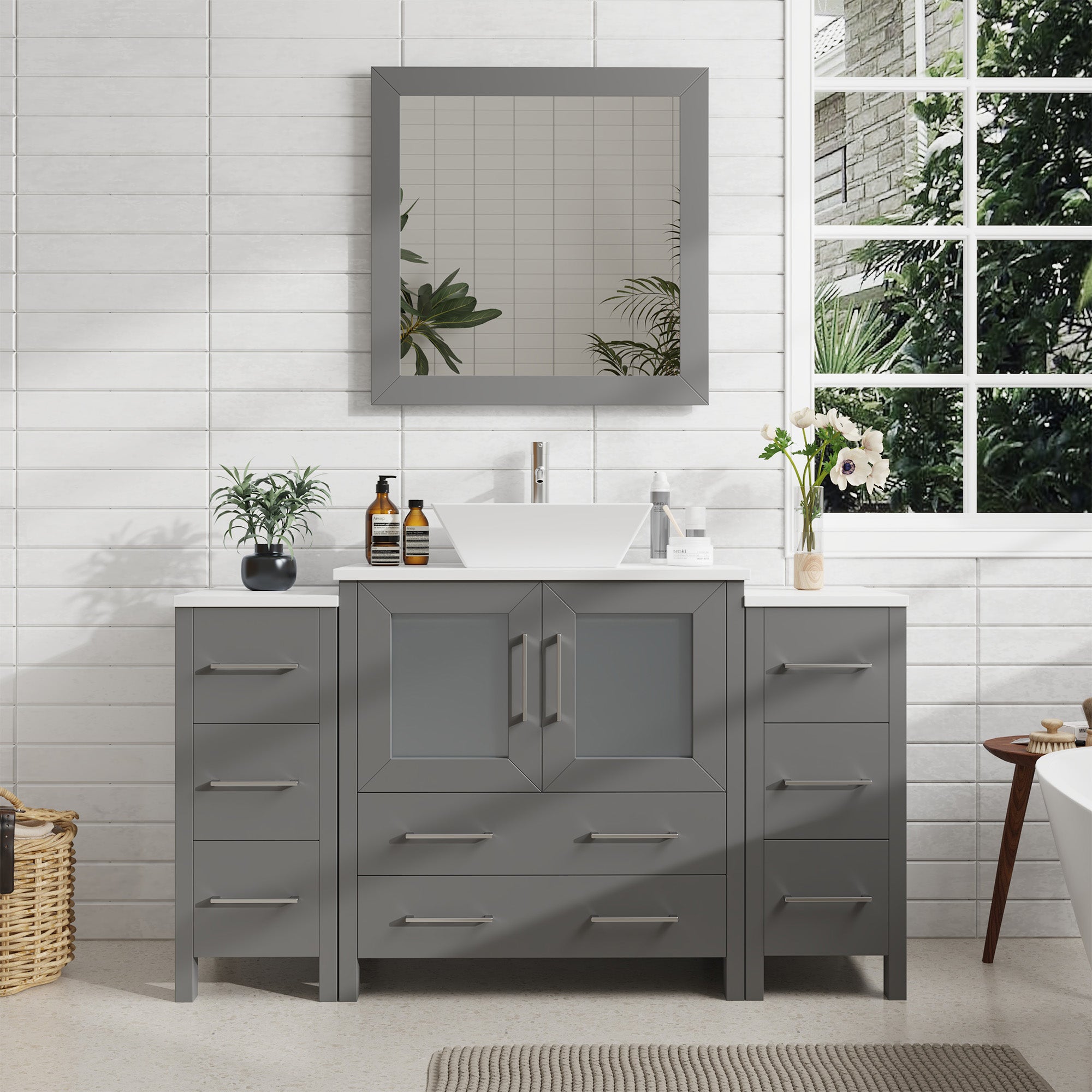 Vanity Art Monaco 54" Single Vessel Sink Bathroom Vanity Set with Sink and Mirror (Engineered Marble Top) - 2 Side Cabinet