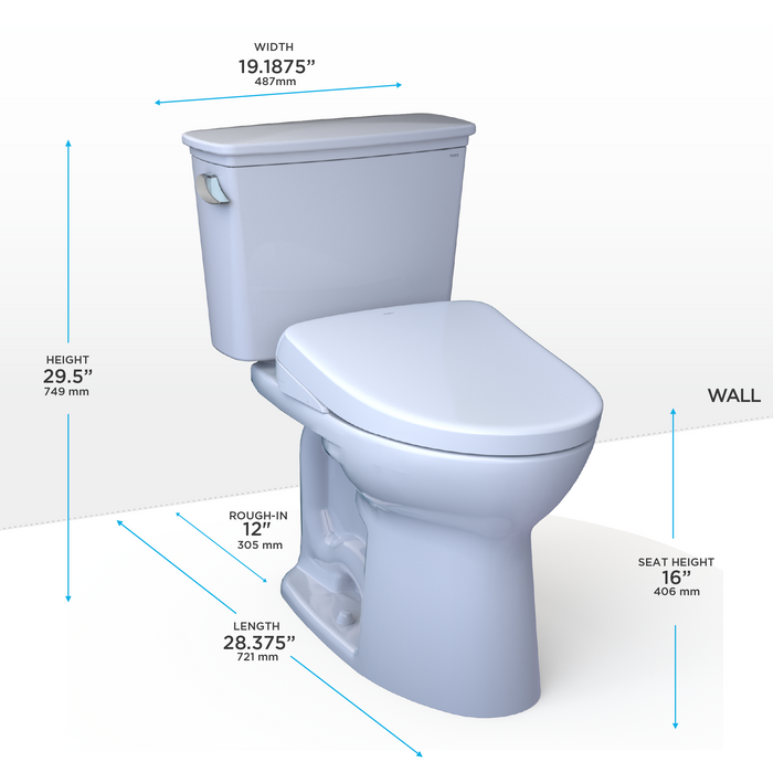 TOTO Drake Transitional Washlet+ Two Piece Elongated 1.28 GPF Tornado Flush Toilet and S7A Contemporary Bidet Seat with Auto Flush