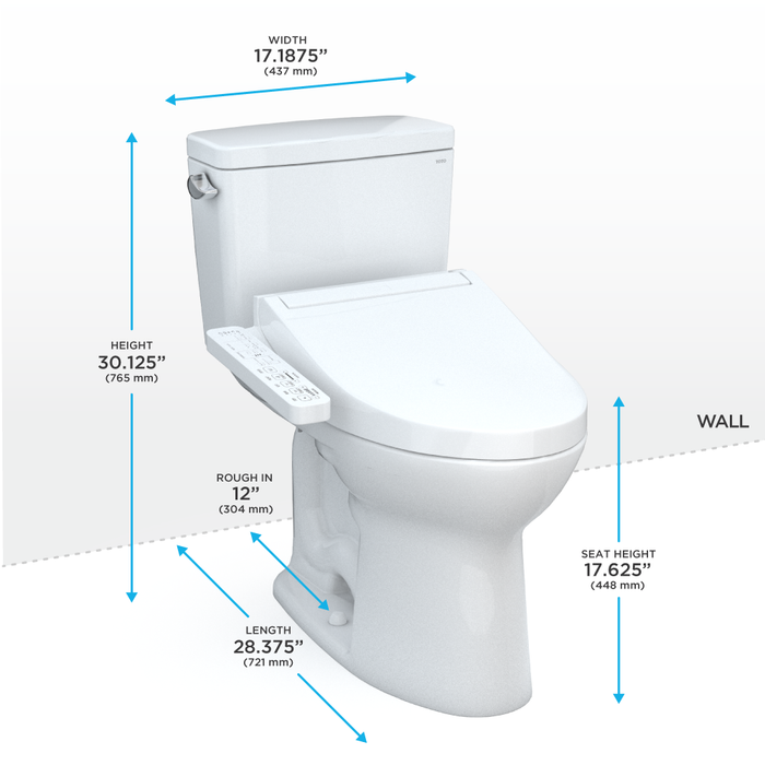 TOTO Drake Washlet+ Two Piece Elongated 1.28 GPF Universal Height Tornado Flush Toilet with C2 Bidet Seat
