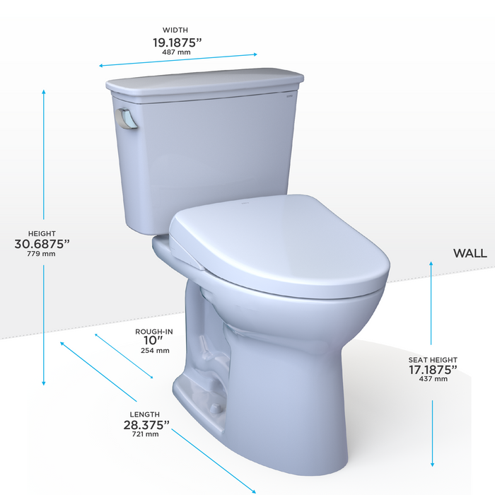 TOTO Drake Transitional Washlet+ Two Piece Elongated 1.28 GPF Universal Height Tornado Flush Toilet with S7 Contemporary Bidet Seat