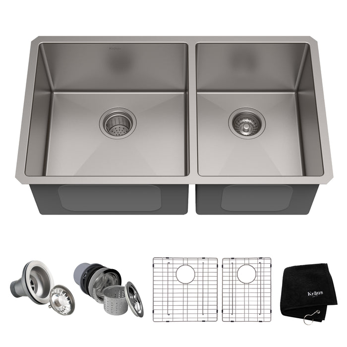 Kraus Standart PRO 33" x 19" Under-Mount 60/40 Double Bowl Stainless Steel Kitchen Sink
