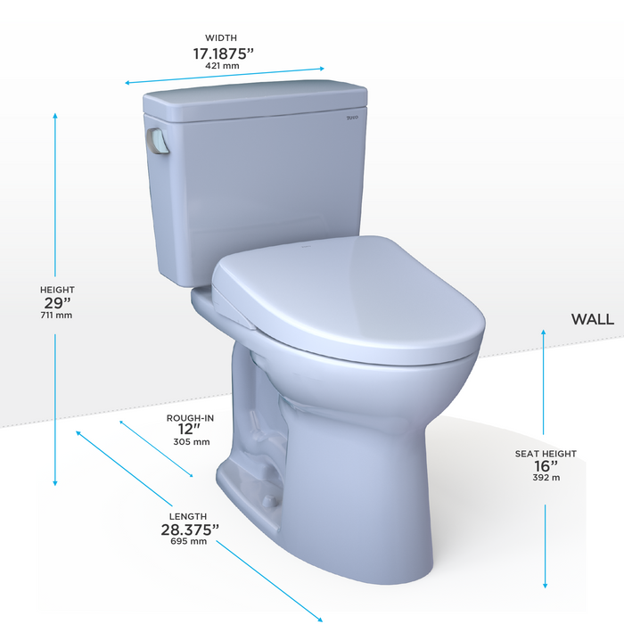 TOTO Drake Washlet+ Two Piece Elongated 1.28 GPF Tornado Flush Toilet and S7 Contemporary Bidet Seat with Auto Flush