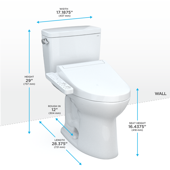 TOTO Drake Washlet+ Two Piece Elongated 1.6 GPF Tornado Flush Toilet with C2 Bidet Seat
